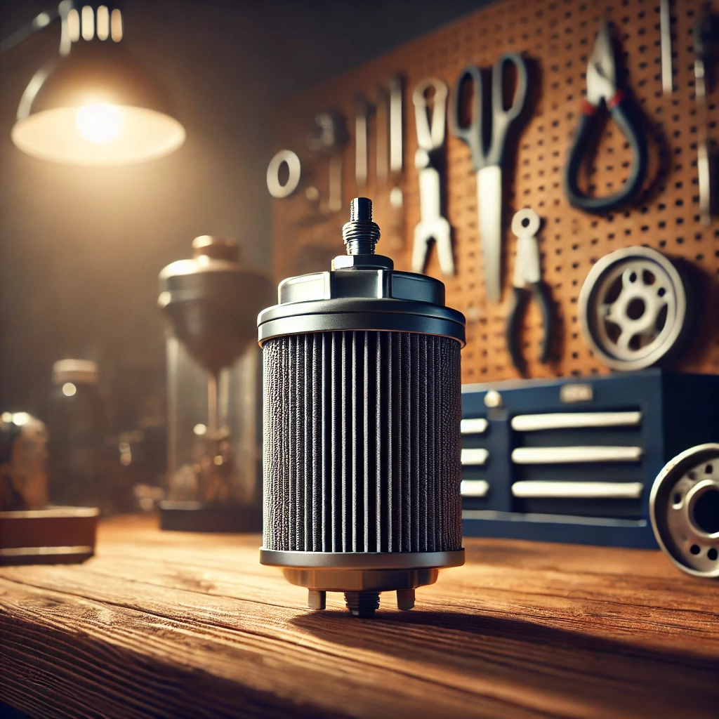 Fuel filter on wooden workbench in garage